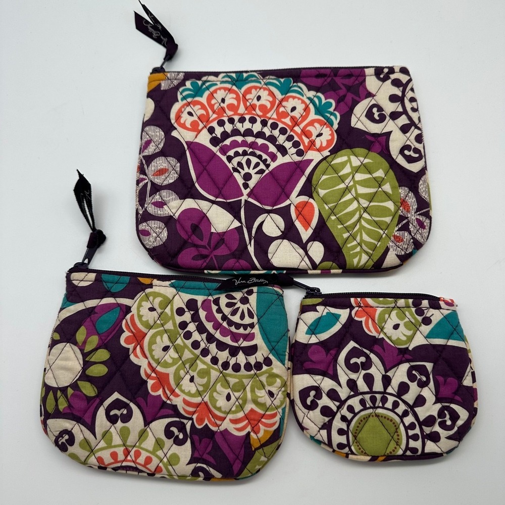Vera Bradley Pouch Set of 3 Plum Crazy Purple Floral‎ Makeup Bag Coin Purse
